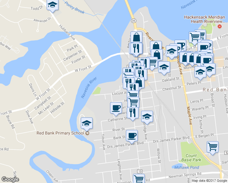 map of restaurants, bars, coffee shops, grocery stores, and more near 52 Locust Avenue in Red Bank