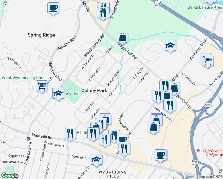 map of restaurants, bars, coffee shops, grocery stores, and more near 1620 Concord Road in Wyomissing