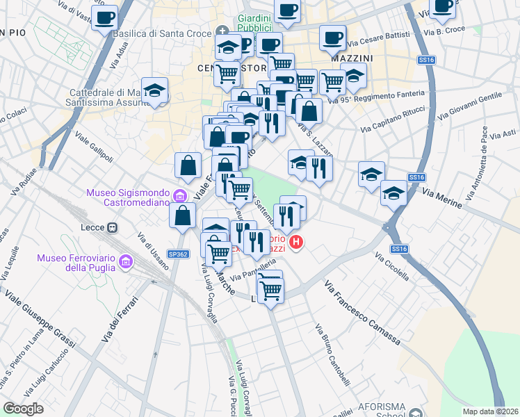 map of restaurants, bars, coffee shops, grocery stores, and more near 23 Viale XX Settembre in Lecce