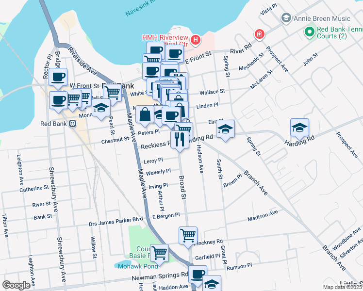 map of restaurants, bars, coffee shops, grocery stores, and more near 157 Broad Street in Red Bank
