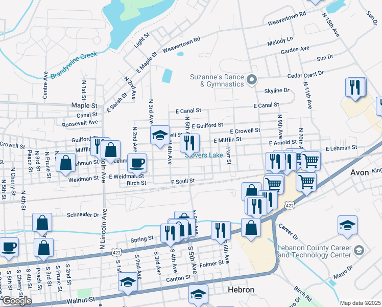 map of restaurants, bars, coffee shops, grocery stores, and more near 501 East Lehman Street in Lebanon