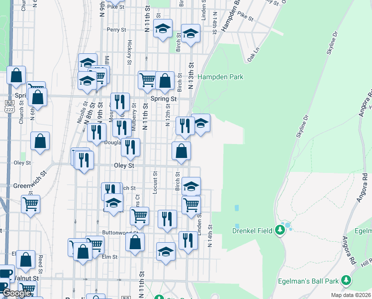 map of restaurants, bars, coffee shops, grocery stores, and more near 760 North 13th Street in Reading