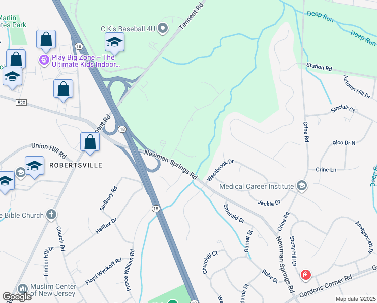 map of restaurants, bars, coffee shops, grocery stores, and more near 33 Eric Court in Marlboro Township