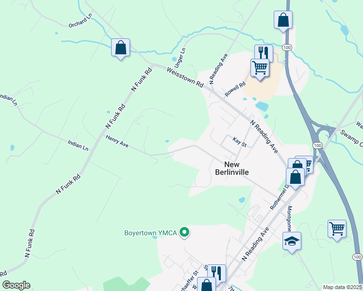 map of restaurants, bars, coffee shops, grocery stores, and more near 233 Henry Avenue in Boyertown