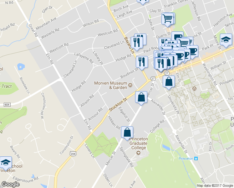 map of restaurants, bars, coffee shops, grocery stores, and more near 76 Library Place in Princeton