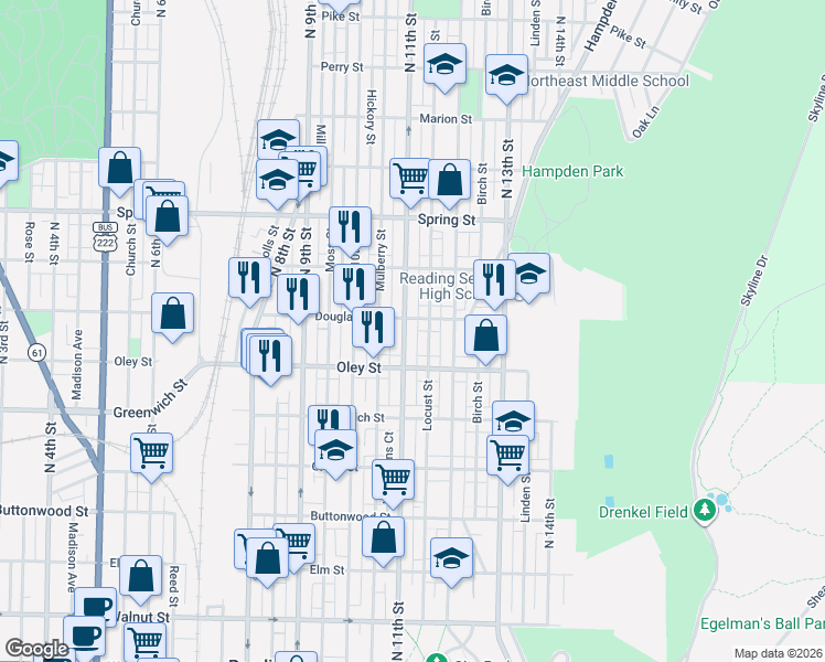 map of restaurants, bars, coffee shops, grocery stores, and more near 1114 Douglass Street in Reading