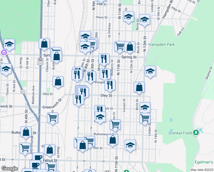 map of restaurants, bars, coffee shops, grocery stores, and more near 750 North 10th Street in Reading