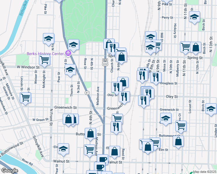 map of restaurants, bars, coffee shops, grocery stores, and more near 715 North 5th Street in Reading