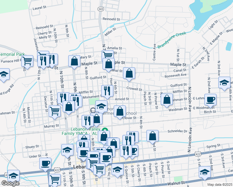 map of restaurants, bars, coffee shops, grocery stores, and more near 443 North 6th Street in Lebanon