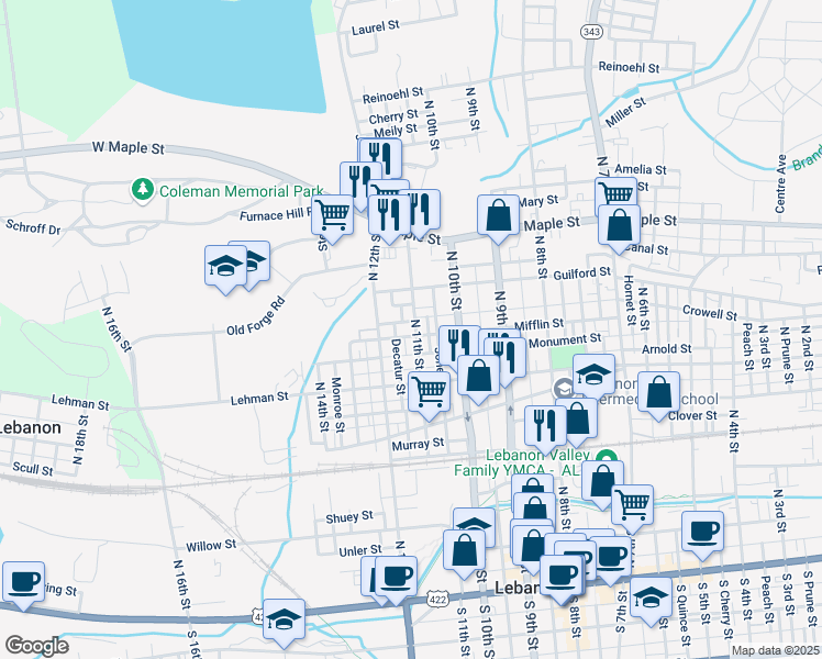 map of restaurants, bars, coffee shops, grocery stores, and more near 1109 Mifflin Street in Lebanon