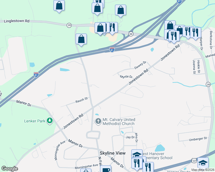 map of restaurants, bars, coffee shops, grocery stores, and more near 7732 Jonestown Road in Harrisburg