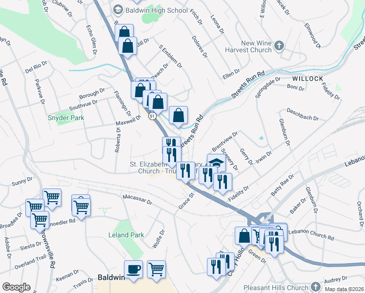 map of restaurants, bars, coffee shops, grocery stores, and more near 726 Streets Run Road in Pittsburgh