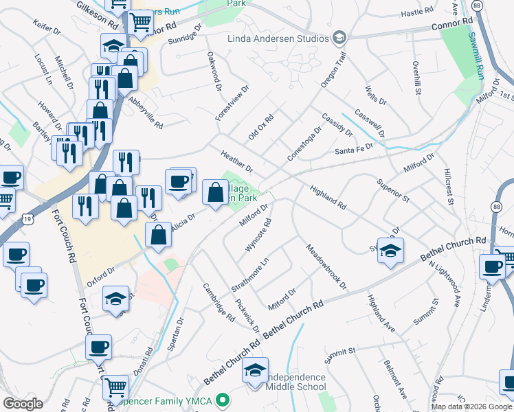 map of restaurants, bars, coffee shops, grocery stores, and more near 2614 Milford Drive in Bethel Park