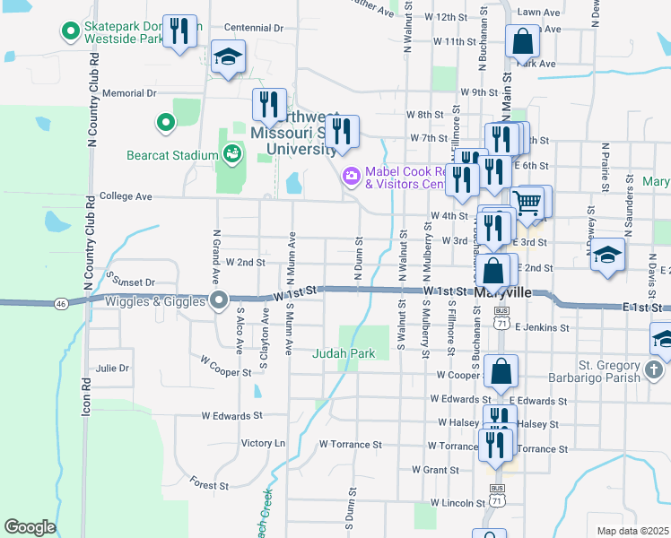 map of restaurants, bars, coffee shops, grocery stores, and more near 624 West 2nd Street in Maryville