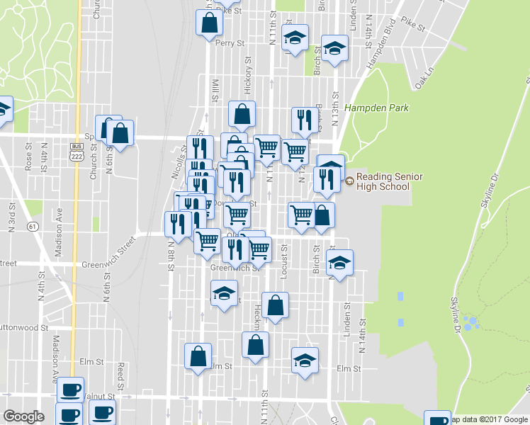 map of restaurants, bars, coffee shops, grocery stores, and more near 742 North 11th Street in Reading
