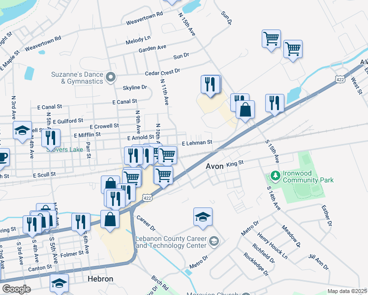 map of restaurants, bars, coffee shops, grocery stores, and more near 1104 East Lehman Street in Lebanon