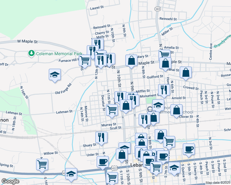 map of restaurants, bars, coffee shops, grocery stores, and more near 1013 Mifflin Street in Lebanon