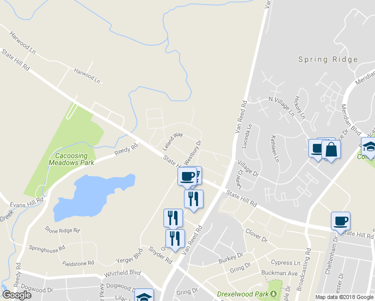 map of restaurants, bars, coffee shops, grocery stores, and more near 204 Springmont Drive in Wyomissing