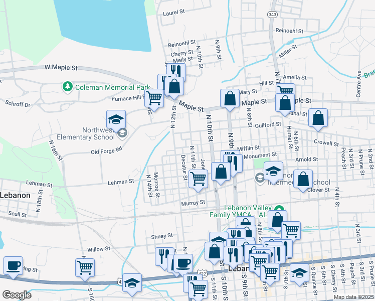 map of restaurants, bars, coffee shops, grocery stores, and more near 1109 Mifflin Street in Lebanon