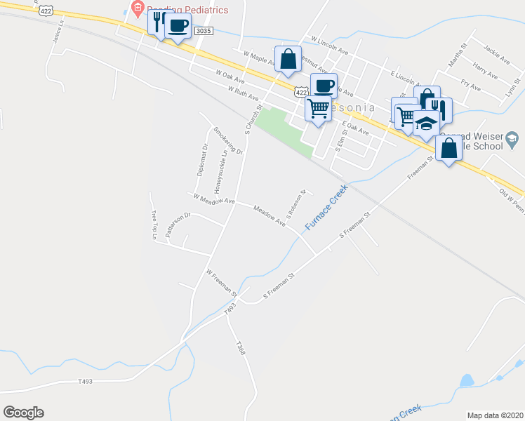 map of restaurants, bars, coffee shops, grocery stores, and more near Meadow Avenue in Robesonia
