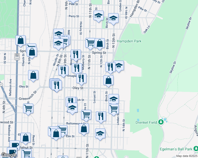 map of restaurants, bars, coffee shops, grocery stores, and more near 755 North 12th Street in Reading