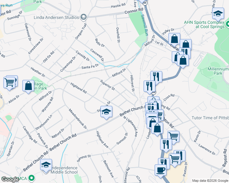 map of restaurants, bars, coffee shops, grocery stores, and more near 2107 Superior Street in Bethel Park