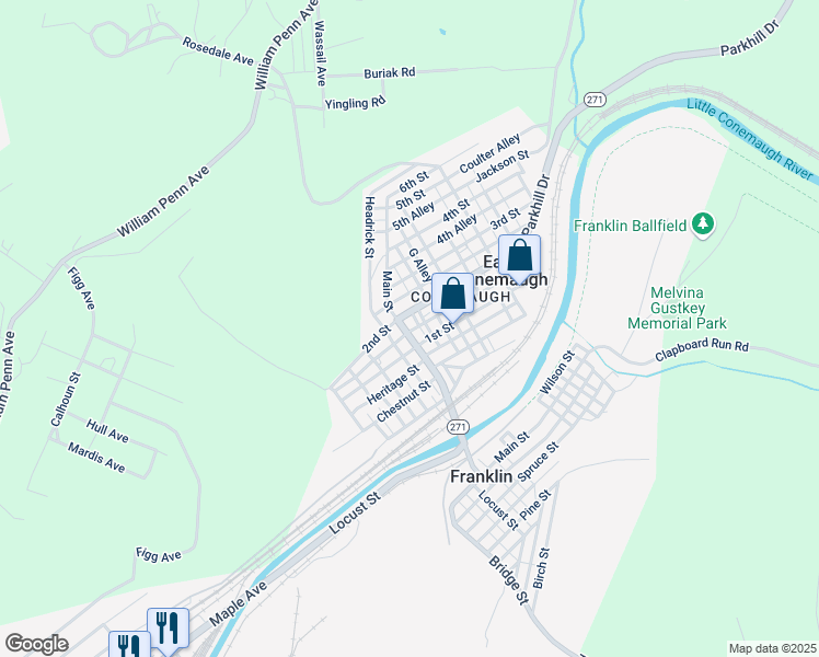 map of restaurants, bars, coffee shops, grocery stores, and more near 361 1st Street in Johnstown