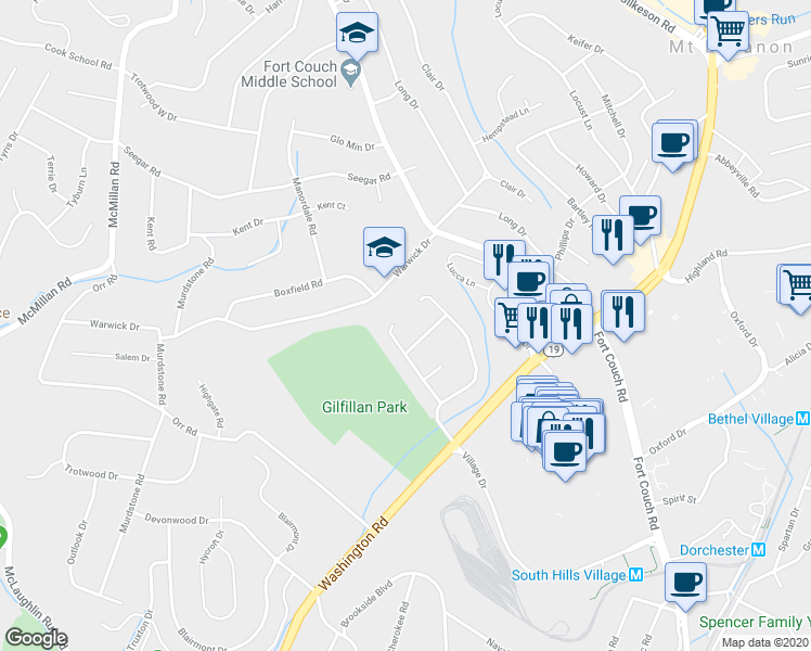 map of restaurants, bars, coffee shops, grocery stores, and more near 192 Springmeadow Drive in Pittsburgh