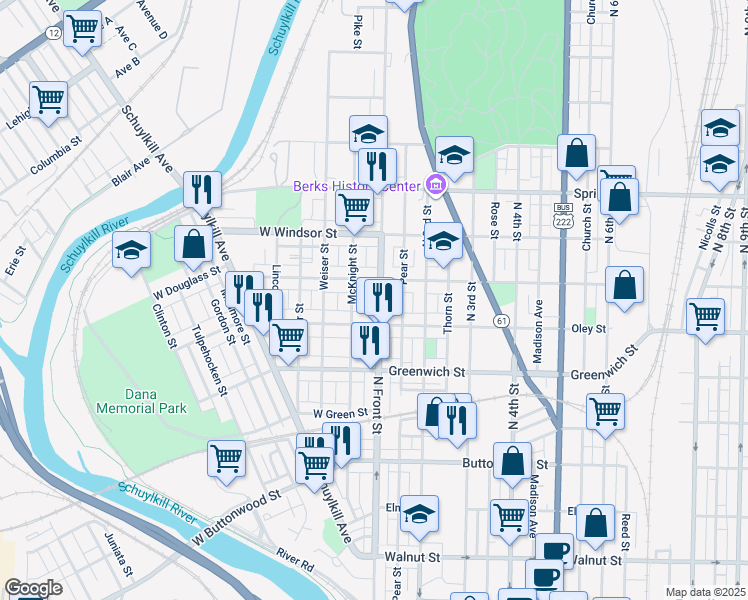 map of restaurants, bars, coffee shops, grocery stores, and more near 734 North Front Street in Reading