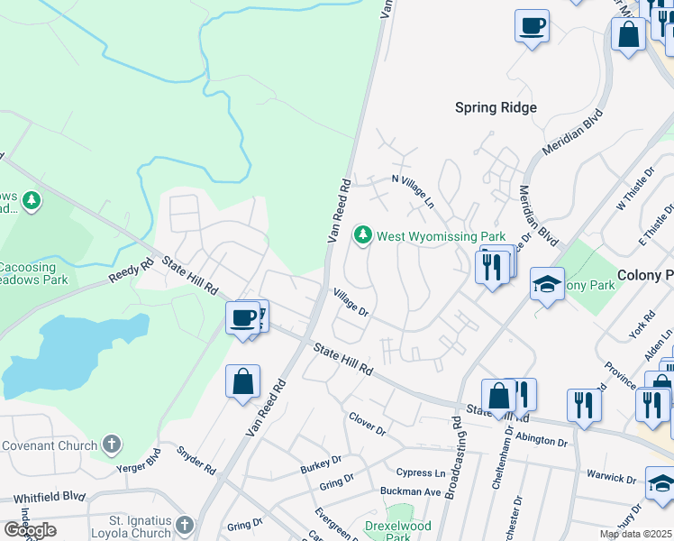 map of restaurants, bars, coffee shops, grocery stores, and more near 151 Lucinda Lane in Wyomissing