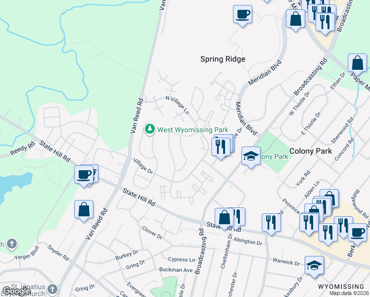 map of restaurants, bars, coffee shops, grocery stores, and more near 115 Coventry Lane in Wyomissing