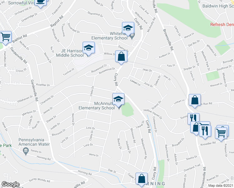 map of restaurants, bars, coffee shops, grocery stores, and more near 5111 McAnulty Road in Pittsburgh