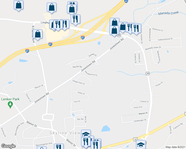 map of restaurants, bars, coffee shops, grocery stores, and more near 116 Needlewood Drive in Harrisburg