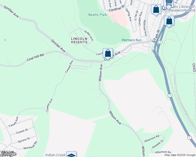 map of restaurants, bars, coffee shops, grocery stores, and more near 1071 Wilson Avenue in Steubenville