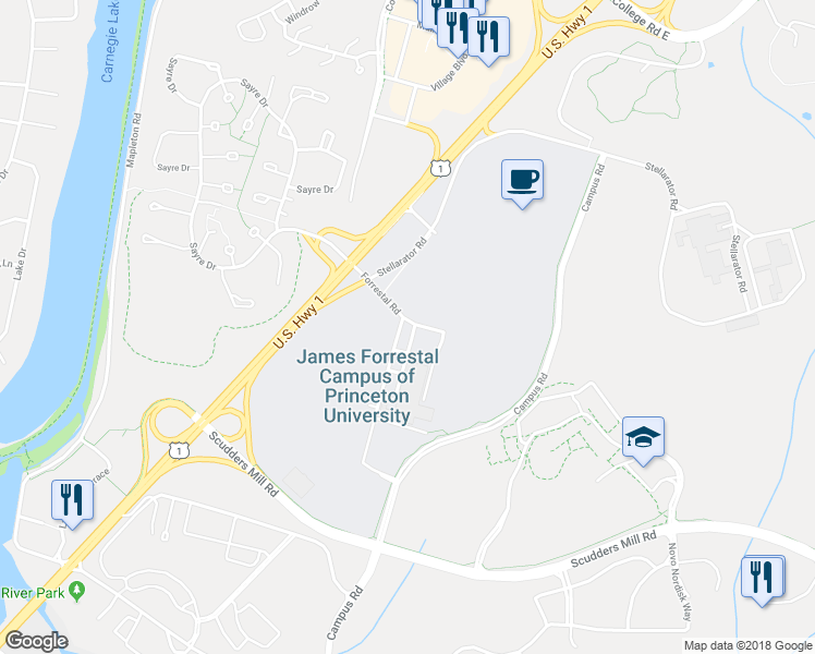 map of restaurants, bars, coffee shops, grocery stores, and more near 100 Forrestal Road in Princeton