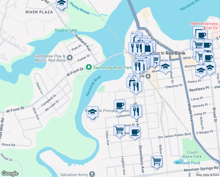map of restaurants, bars, coffee shops, grocery stores, and more near 106 Locust Avenue in Red Bank
