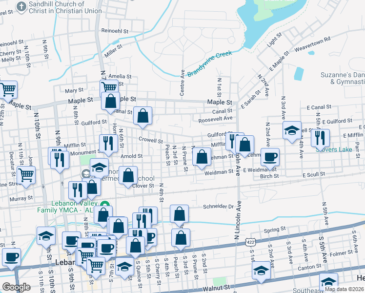 map of restaurants, bars, coffee shops, grocery stores, and more near 217 Mifflin Street in Lebanon
