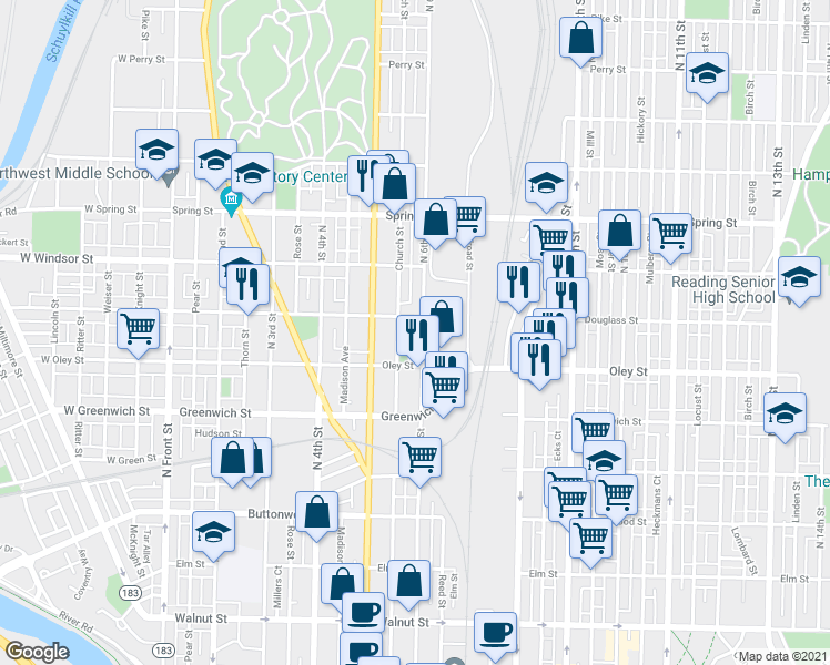 map of restaurants, bars, coffee shops, grocery stores, and more near 746 North 6th Street in Reading