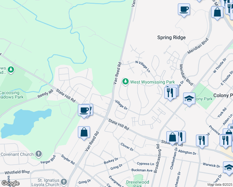 map of restaurants, bars, coffee shops, grocery stores, and more near 151 Lucinda Lane in Wyomissing