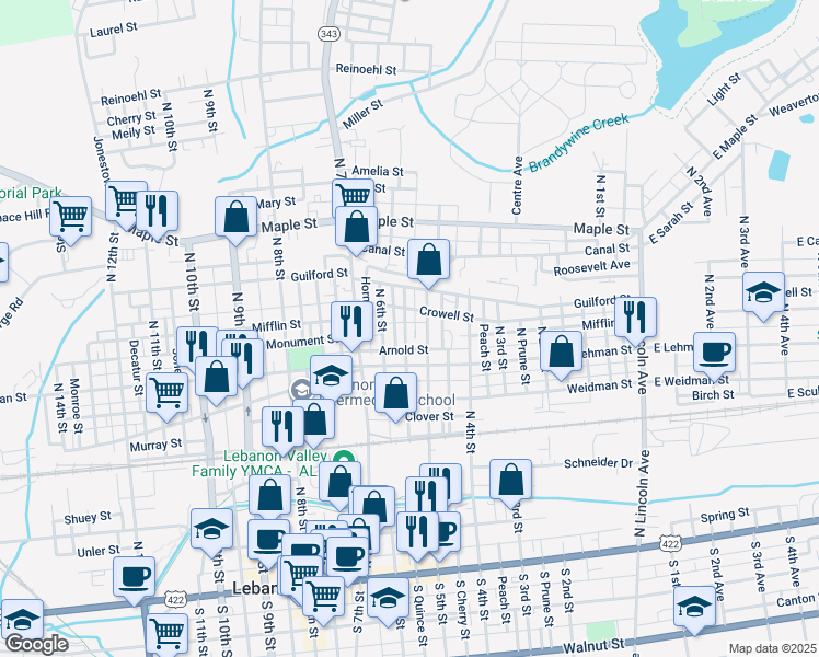 map of restaurants, bars, coffee shops, grocery stores, and more near 446 New Street in Lebanon