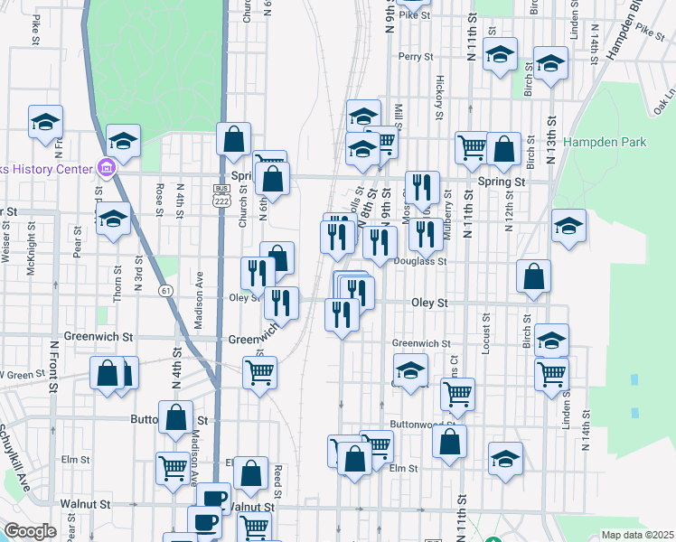map of restaurants, bars, coffee shops, grocery stores, and more near 740 North 8th Street in Reading