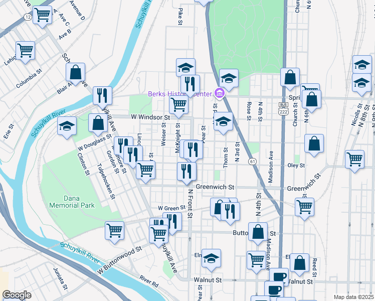 map of restaurants, bars, coffee shops, grocery stores, and more near 734 North Front Street in Reading