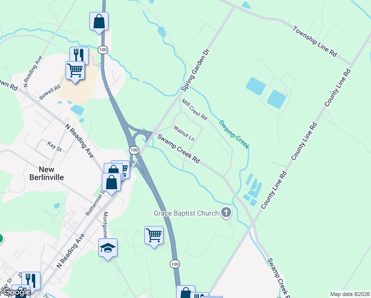 map of restaurants, bars, coffee shops, grocery stores, and more near 575 Swamp Creek Road in Bechtelsville