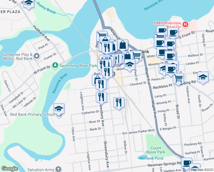 map of restaurants, bars, coffee shops, grocery stores, and more near 126-128 Chestnut Street in Red Bank