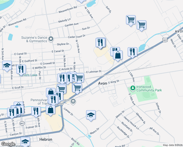 map of restaurants, bars, coffee shops, grocery stores, and more near 1122 East Lehman Street in Lebanon