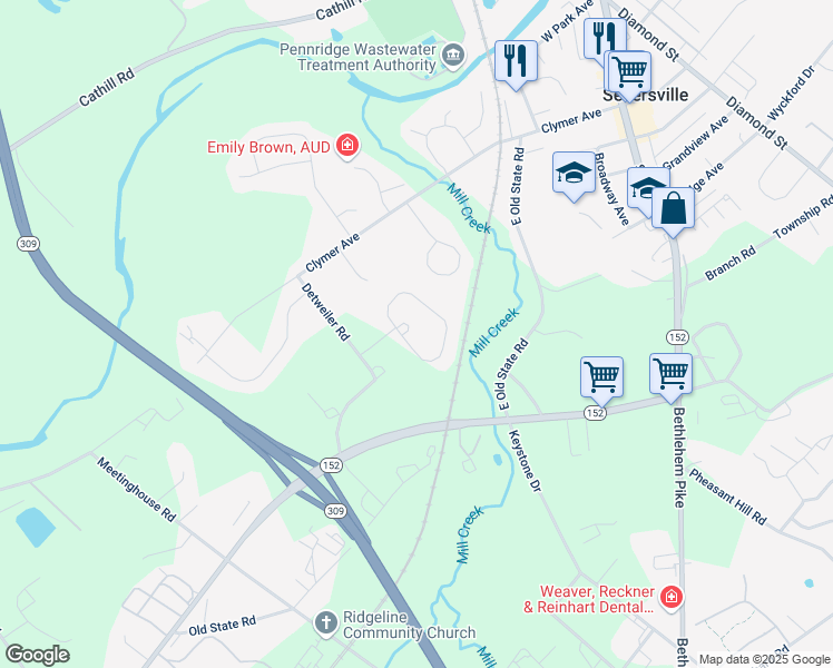 map of restaurants, bars, coffee shops, grocery stores, and more near 34 Komen Court in Sellersville