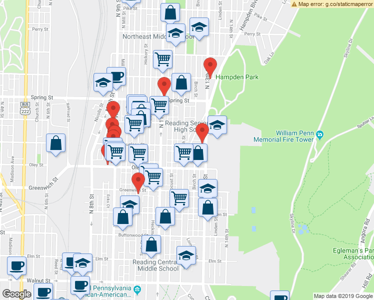 map of restaurants, bars, coffee shops, grocery stores, and more near 753 North 12th Street in Reading