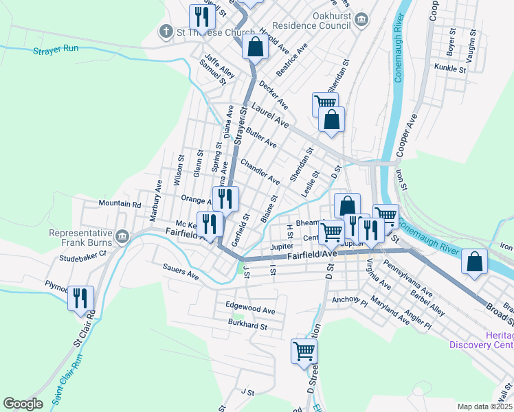 map of restaurants, bars, coffee shops, grocery stores, and more near 184 Garfield Street in Johnstown