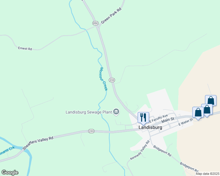 map of restaurants, bars, coffee shops, grocery stores, and more near 308 Montour Road in Landisburg