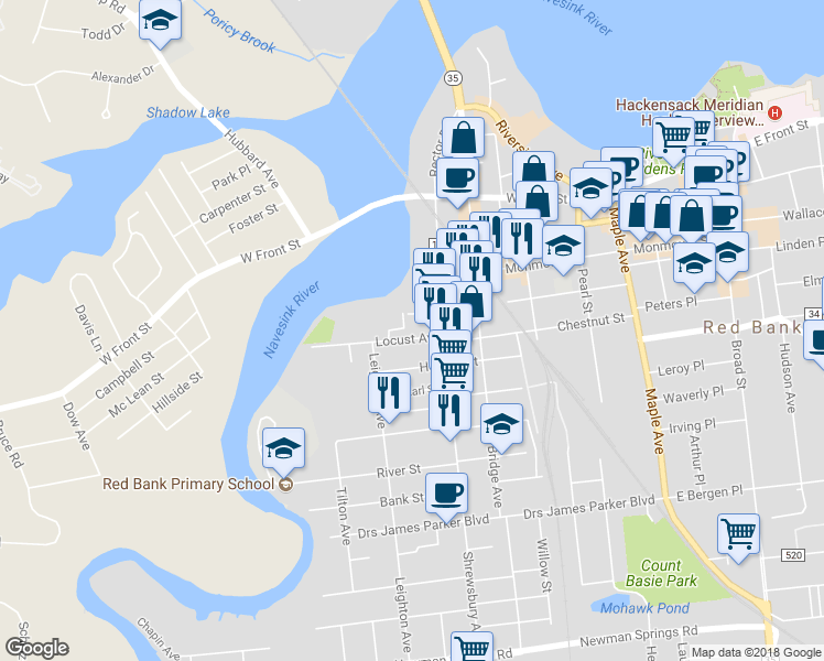 map of restaurants, bars, coffee shops, grocery stores, and more near 24 Locust Avenue in Red Bank